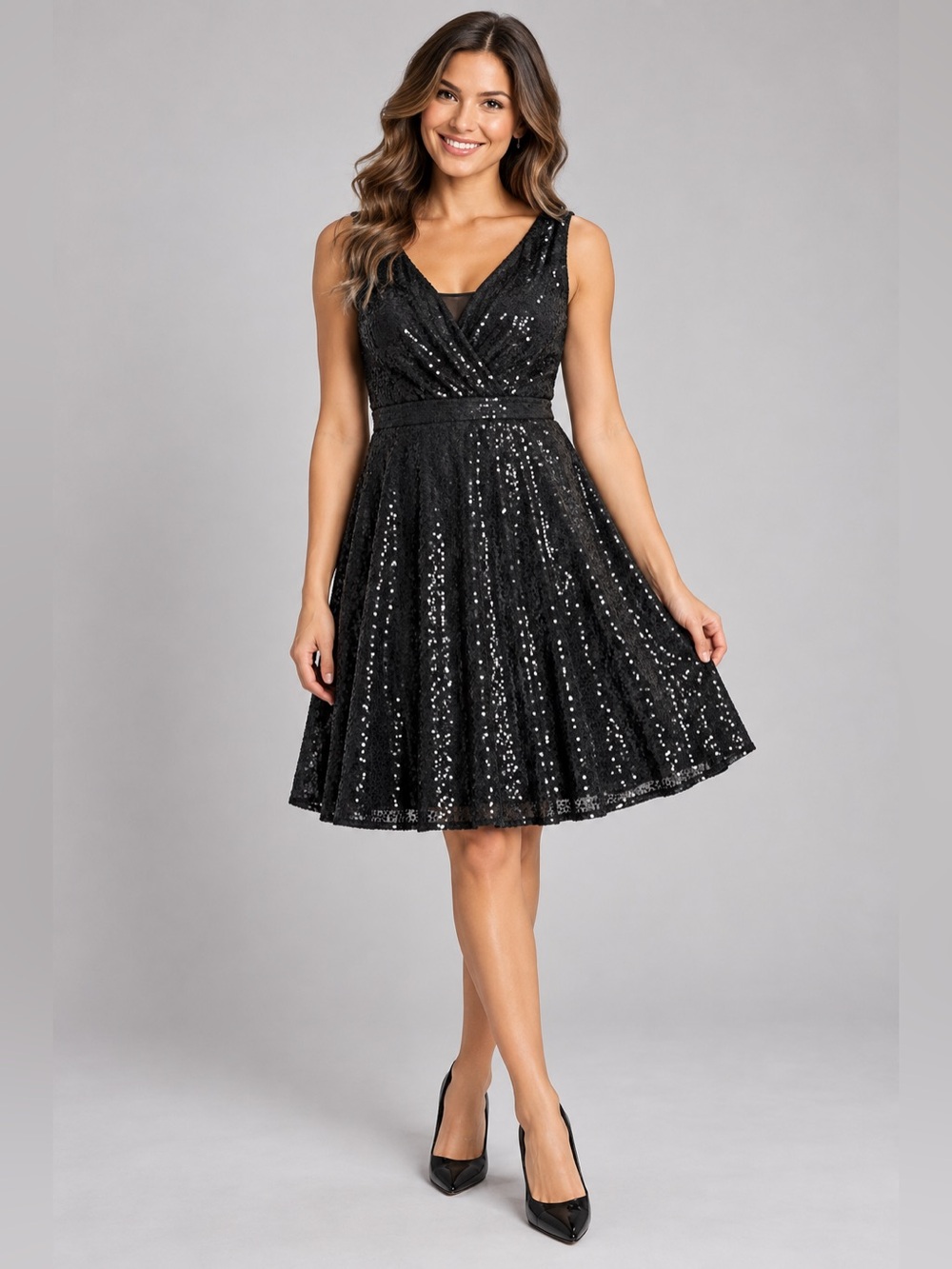 GRACE KARIN Black Sequin Fit & Flare Cocktail Dress Size L